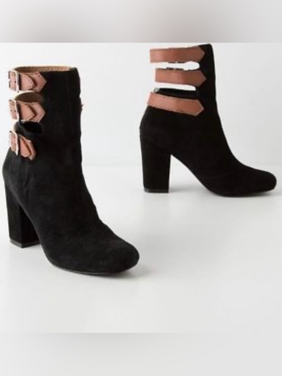 Anthropologie Shoes - Anthropologie/Pied Juste Black Suede Ankle Boots with Tan Buckle Straps. Size 9